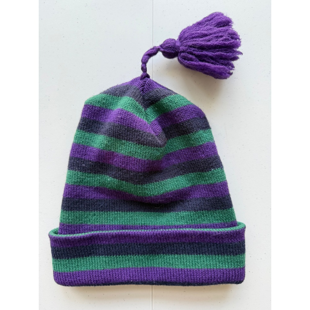 Lands End‎ Adult Wool Striped Beanie Hat Purple Green Tassle Pom Winter Ski